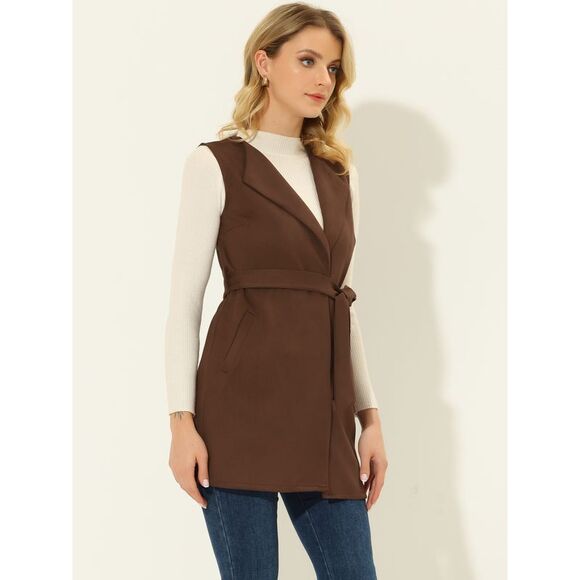 Faux Suede Vest Cardigan Belted Long Jacket Sleeveless Blazer Brown - Picture 3 of 5